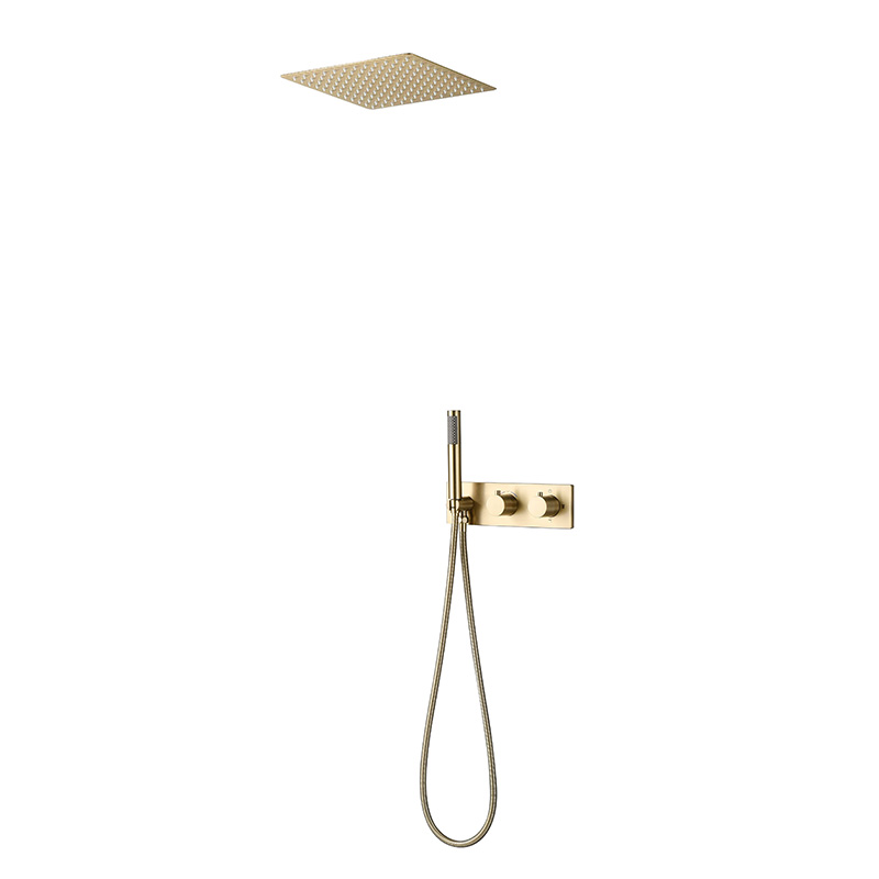 OUBAO Juego de ducha de montaje en techo Cabezal cuadrado en oro cepillado con dispositivo de mano