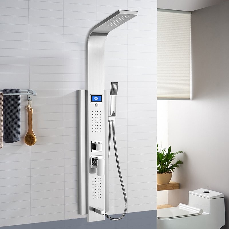Sistema de panel de ducha en níquel cepillado con cabezal de ducha tipo cascada LED Ducha de mano y caño para bañera