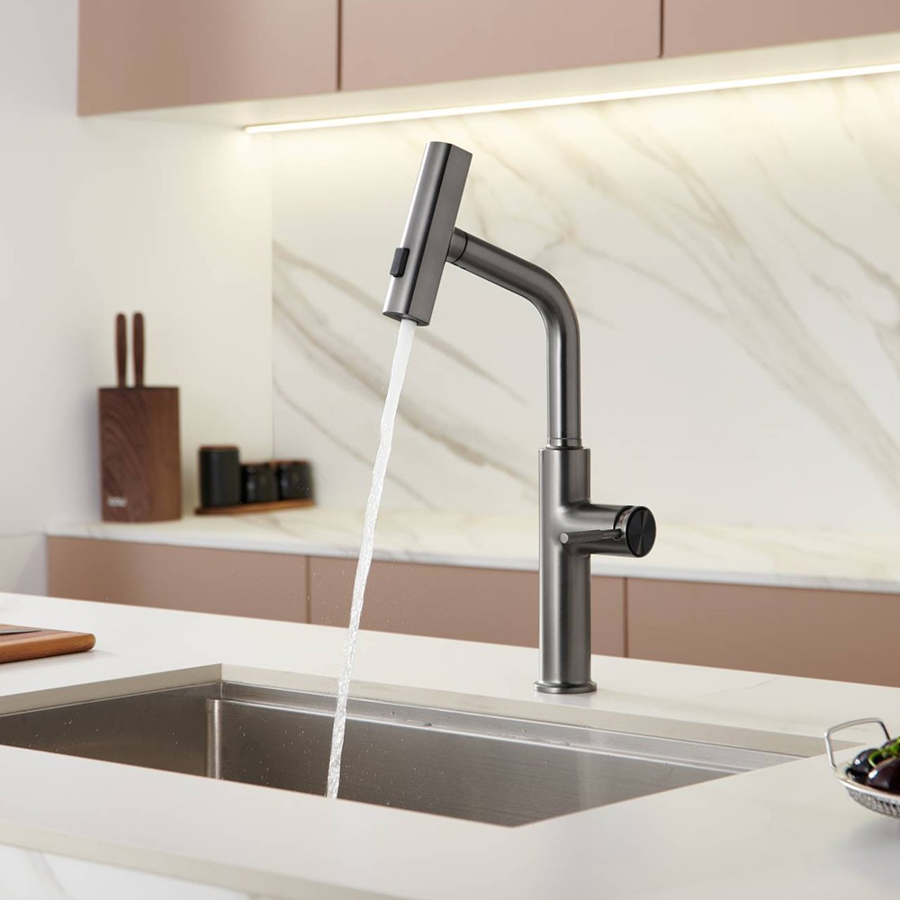 Brushed Gun Grey Tap Ware Kitchen Sink Faucet With Pull Down Spray Kitchen Faucet