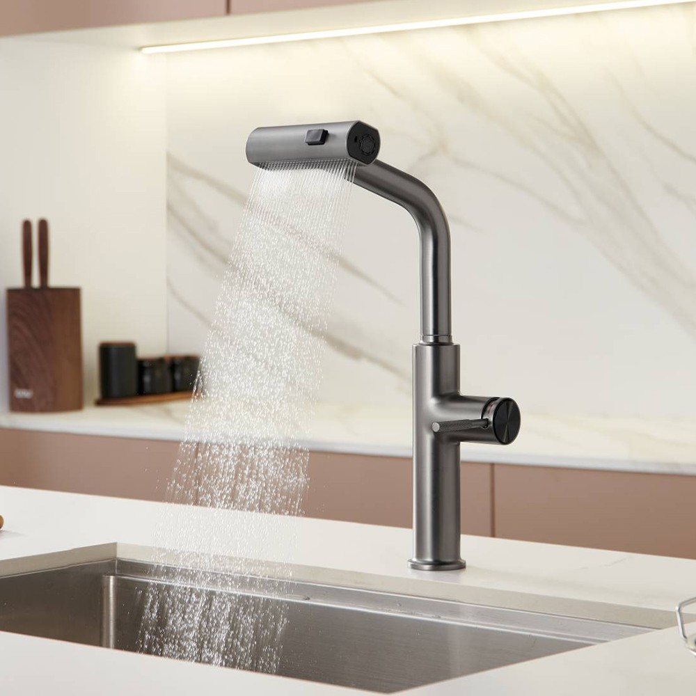 Brushed Gun Grey Tap Ware Kitchen Sink Faucet With Pull Down Spray Kitchen Faucet